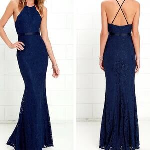 Lulus Zenith Lace Maxi Dress Small Womens Navy Wedding Bridesmaid Formal Event